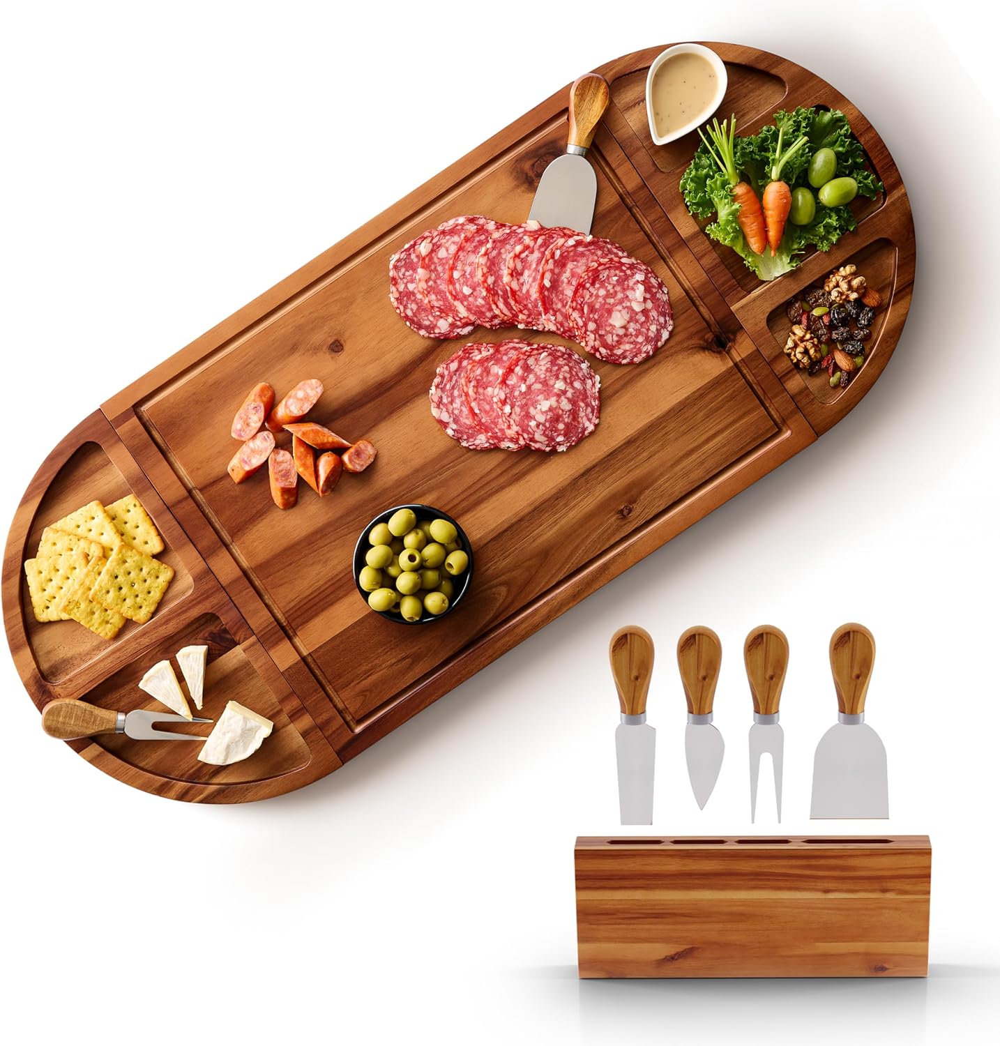 acacia wood charcuterie board with knives set