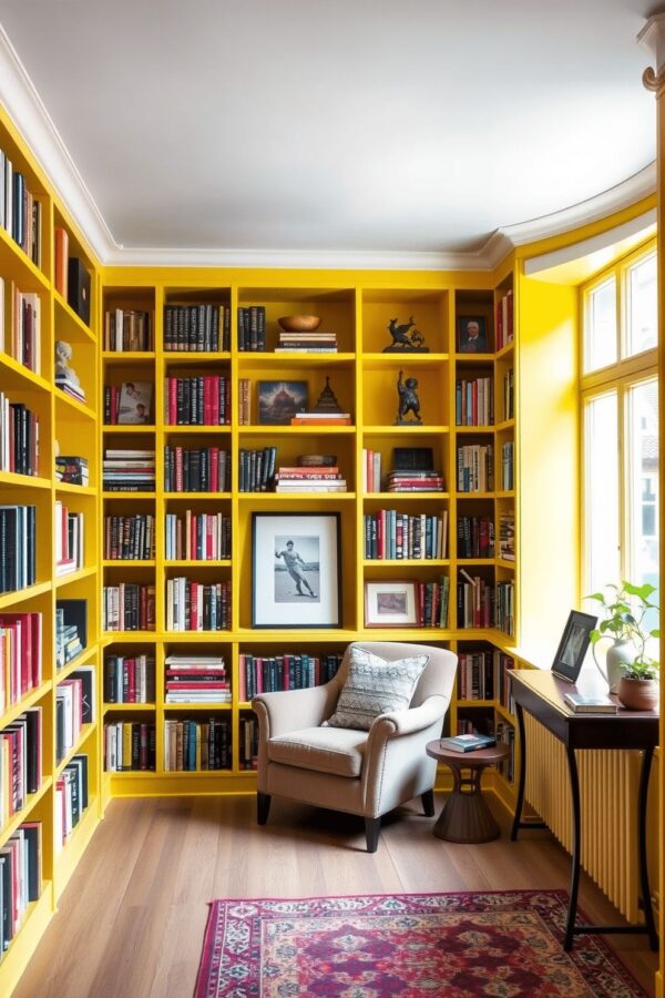 butter yellow bookshelves