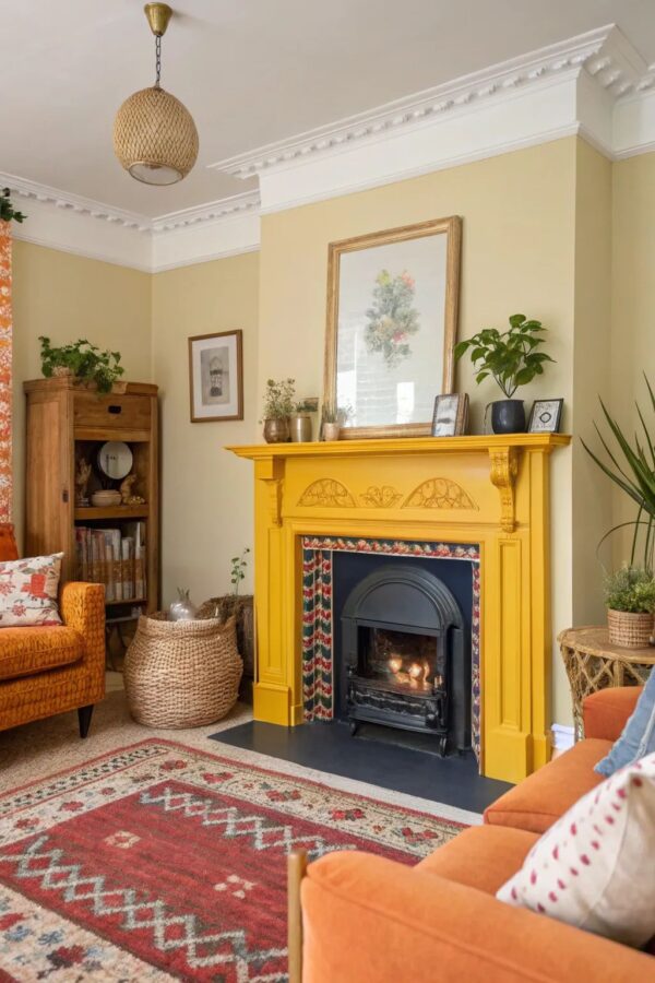 butter yellow fireplace