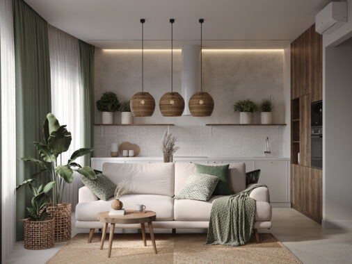 earthy living room with rattan pendant lights