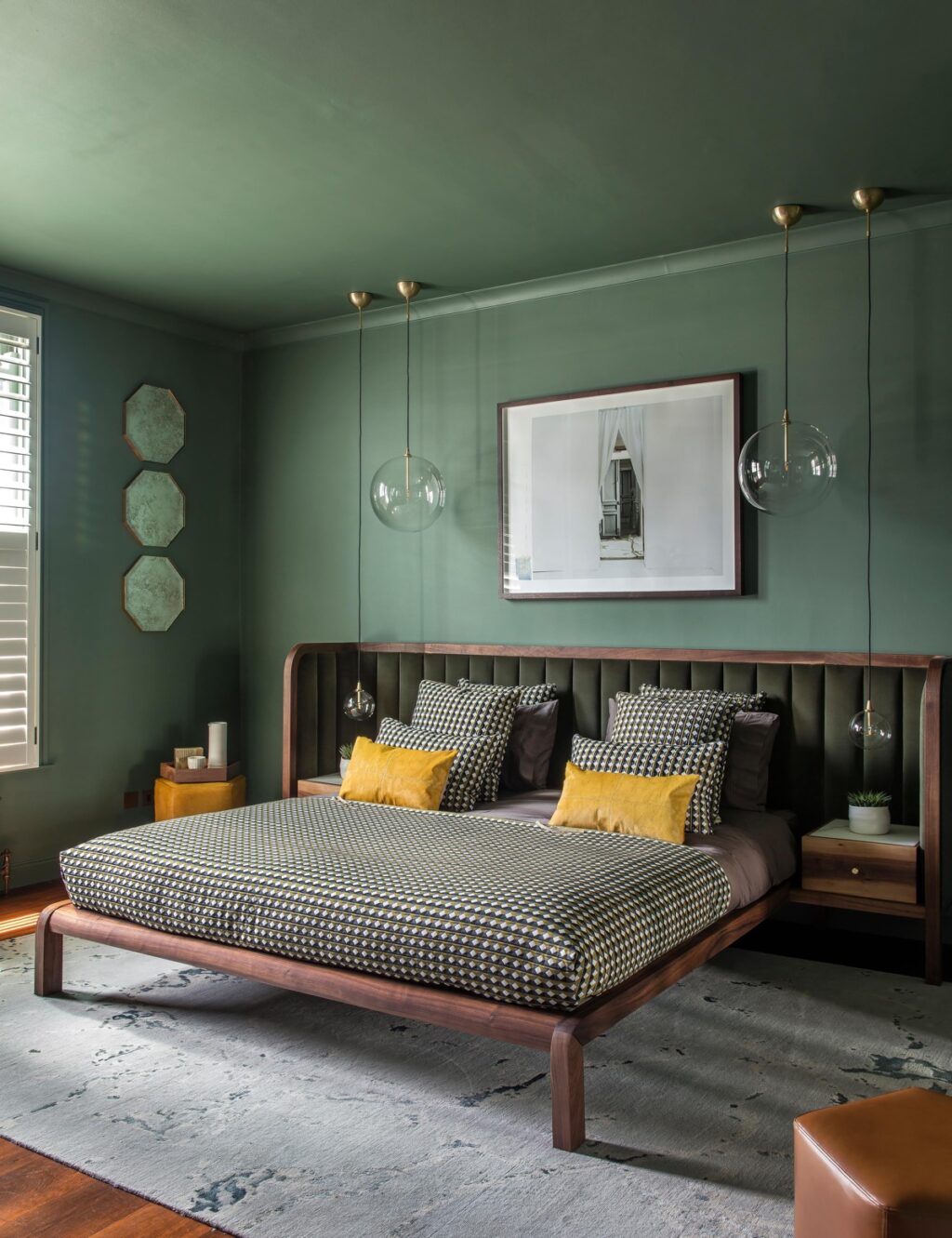 sage green and brown bedroom