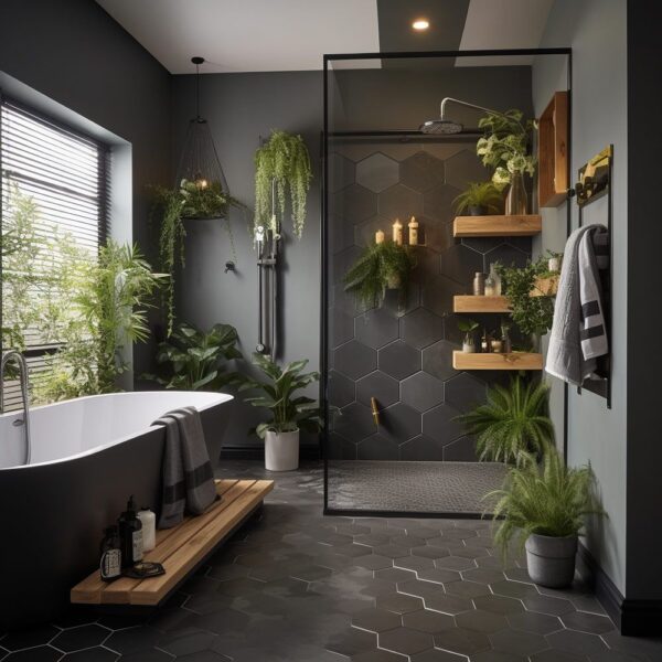 greenery in dark bathroom