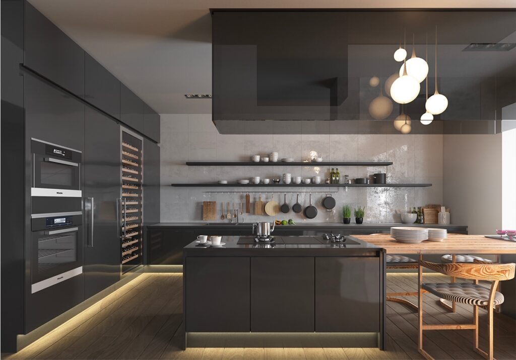 intriguing black kitchen with pans