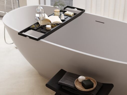 white tub with bath tray